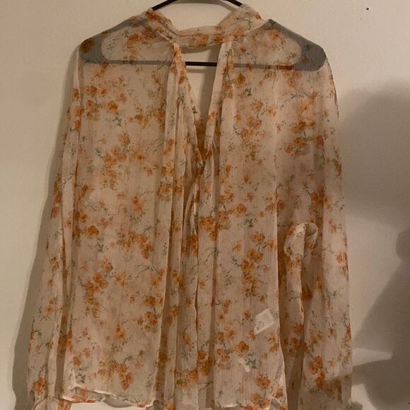 Like New Vintage ZARA Ethereal Flowy Orange Floral Sheer Chiffon Blouson Top - Picture 6 of 6